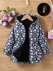 SHEIN Vintaside Kids 女童可愛印花保暖內裡加厚拉鍊開襟外套，秋冬款，連帽，長袖，休閒西式，舒適，日常，寬鬆 - 藍色 - 查看 1