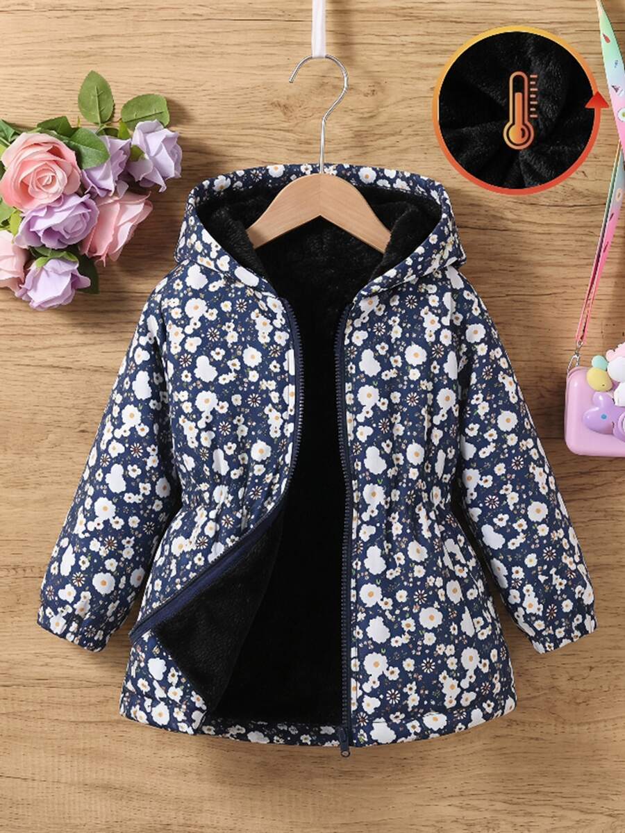 SHEIN Vintaside Kids 女童可愛印花保暖內裡加厚拉鍊開襟外套,秋冬款,連帽,長袖,休閒西式,舒適,日常,寬鬆 - 藍色 - 查看 1