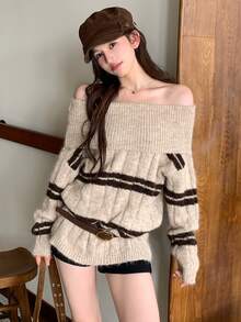 DAZY Women's Square Neck Striped Loose Casual Sweater Fall - Khaki - View 7