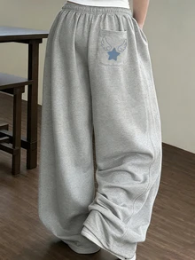 Dazy Plus Plus Size Women's Wing Print American Style Sweatpants Casual Sports Wide Leg Lounge Pants Spring Autumn New - Grey - View 2