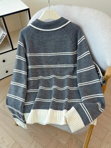 EMERY ROSE Plus Size Women's Casual Traditional Loose Colorblock Gray Lapel Zip Half-Placket Raglan Long Sleeve Pullover Sweater Teacher Birthday Autumn Winter - Grey - View 2