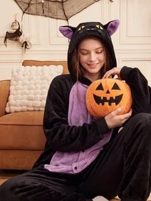 Provexi Provexi Halloween Flannel Black Cat Cartoon One-Piece Pajamas For Women, Hooded Animal Design Loose Fit Loungewear - Black - View 5