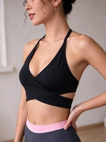 SHEIN 女款拼色休閒日常運動掛脖式內衣 - 黑色 - 查看 2