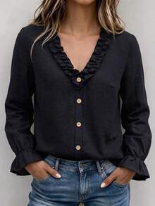 LUMIGAL Women's Spring/Autumn Patchwork Ruffle Hem Solid Color Fashion Elegant Boho Casual Blouse Everyday Travel Black - Black - View 4