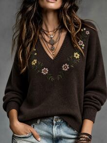 LUMIGAL Women's Autumn/Winter Casual Floral Embroidered Sweater - Beige - View 1