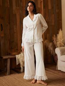 Lullawish Bohemian Vacation Casual Embroidered Lace Trim Ruffle Patchwork Loose Cotton Blend Woven Women's Pajama Set - White - View 3