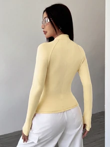 SHEIN Unity 女款純色前拉鍊長袖極簡休閒夾克，春秋款 - 米色 - 查看 2