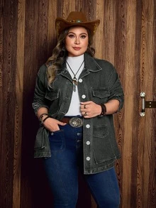 Breezaya Áo khoác denim nữ size lớn phong cách thường ngày, giặt mài, một hàng khuy - màu đen - Xem 4