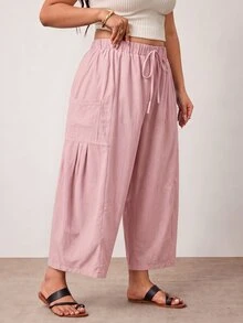 Enliva Plus Size Loose Fit Drawstring Casual Cropped Pants Fall - Pink - View 3