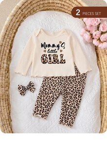 SHEIN 新生兒字母印花上衣與豹紋印花長褲居家休閒套裝 - 米色 - 查看 3