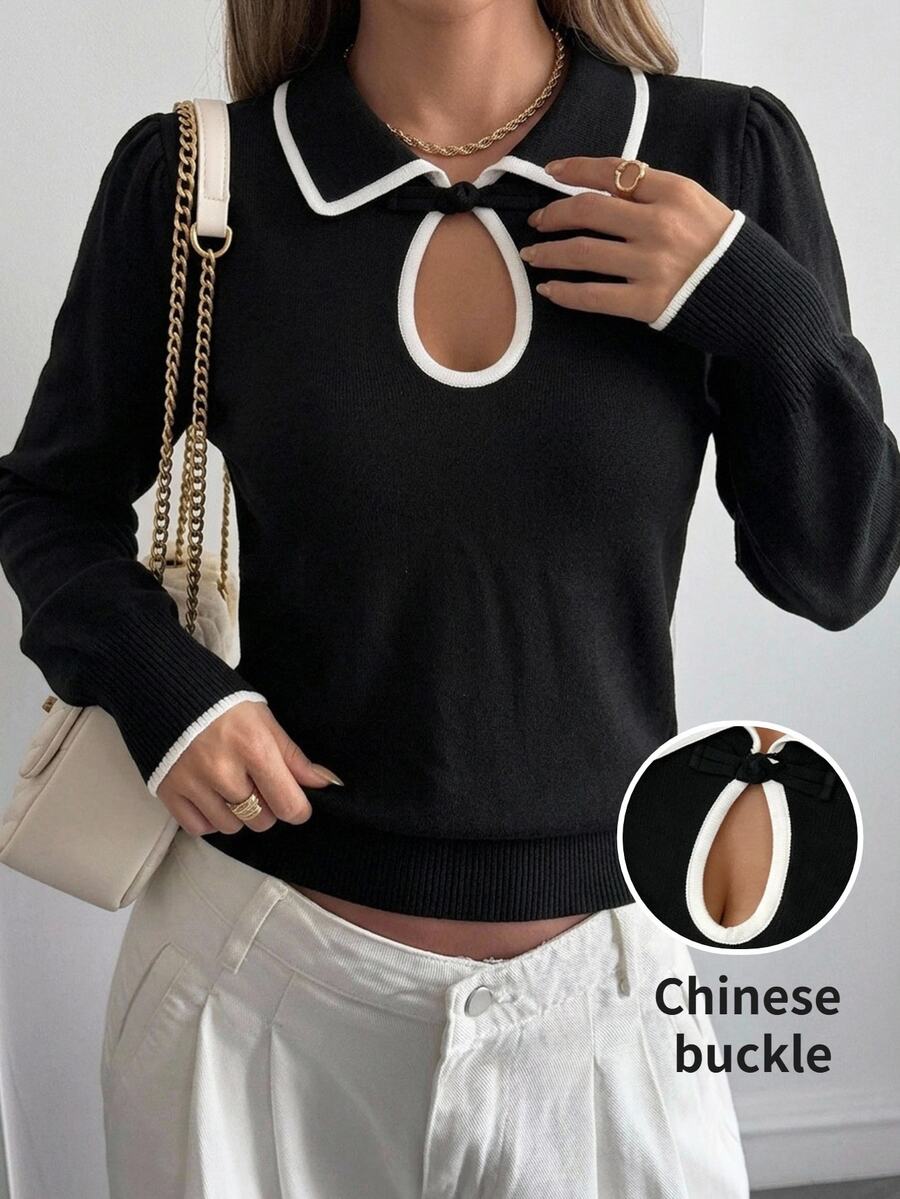 SHEIN Clasi Lapel Collar Contrast Trim Frog Button Design Sweater, Minimalist & Elegant - Black and White - View 1