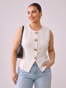 Hourglow Plus Size Women's Metal Button Tweed Waist-Cinching Fitted Vest - Beige - View 5