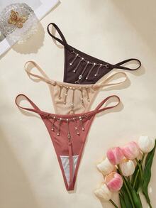 SHEIN Women's 3-Piece Rhinestone Chain Back Strap Thong Set - Multicolor - View 1