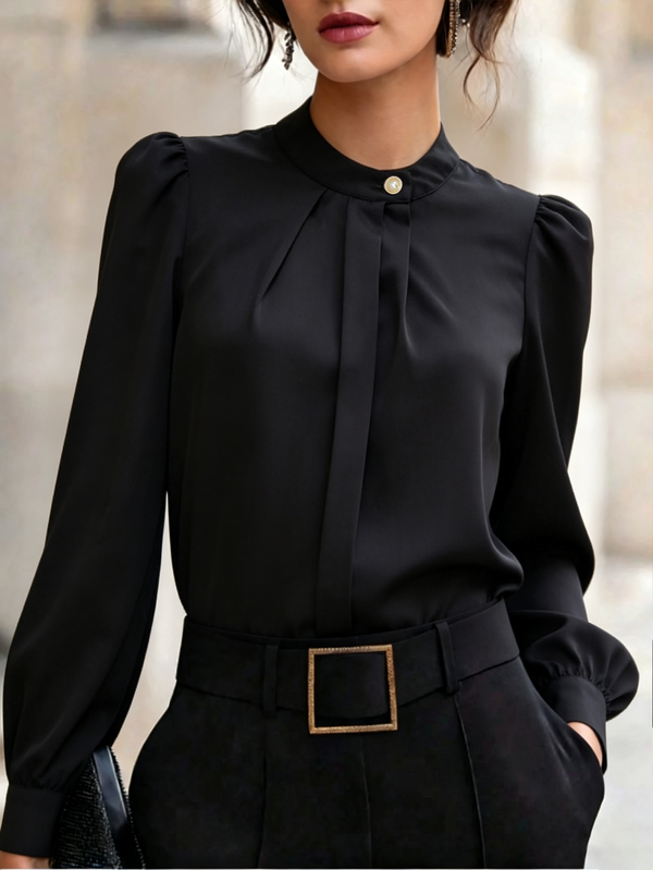 SHEIN Women's Woven Solid Color Ruched Collar Casual Elegant Long Sleeve Blouse, Spring/Autumn