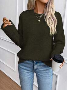 SHEIN 女款深綠色圓領捲袖羊毛混紡套頭毛衣，適合秋冬休閒購物、假日派對、約會 - 墨綠色 - 查看 4