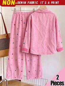 2件組少女印花不對稱領長袖上衣與印花短褲，休閒學院風，適合四季穿著 - 粉色 - 查看 2
