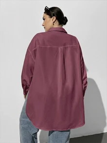 SHEIN Essnce 大尺碼休閒百搭純色側開衩襯衫 秋季 - 中紫紅色 - 查看 2