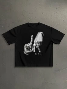 Lonveris Los Angeles LA 字母手勢 Logo 時尚街頭風男士黑色落肩寬鬆短袖 T 恤 - 黑色 - 查看 1