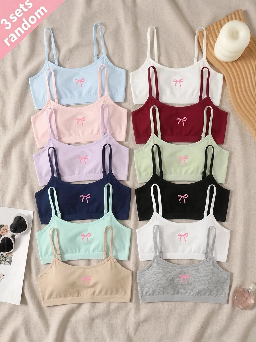 SHEIN مجموعة 3 قطع حمالات صدر للفتيات المراهقات بتصميم بسيط وكاجوال، بياقة مربعة وأكواب مبطنة، ناعمة على البشرة ومريحة، مطرزة بنمط فيونكة، ملابس داخلية للطالبات، باللون الأبيض، لجميع الفصول - متعدد الألوان - مشاهدة 1
