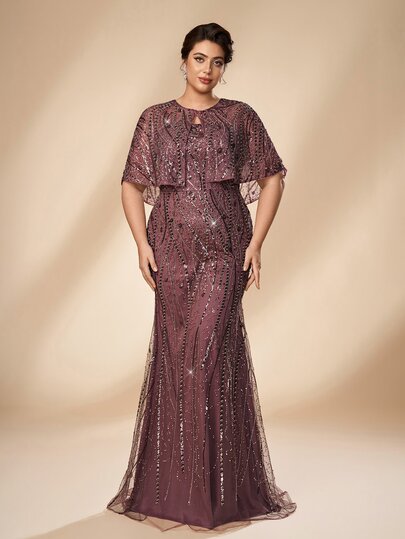 Serin Plus Size Elegant Luxurious Beaded Sequin Embroidered Lace 2 Pieces Set With Small Shawl And Mermaid Dress, Suitable For Wedding, Party, Vacation, Ball, Evening Gala, Holiday Gathering, Music Festival, Graduation Season, Evening Dress (Heavy Workmanship)