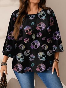 SHEIN VCAY 大尺碼女款秋冬休閒全印花圓領寬鬆七分袖上衣 - 彩色 - 查看 3