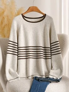 CosyJoli Plus Size Women Brown Striped Crew Neck Dolman Sleeve Pullover Sweater Simple Casual Autumn Winter Top - Multicolor - View 2