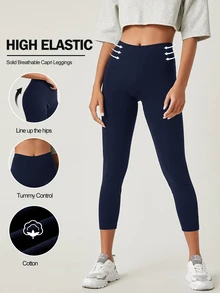 SHEIN BASICS 女款純色透氣七分緊身褲 夏季健身瑜伽運動穿搭 海軍藍 休閒基礎款 - 藏蓝色 - 查看 6