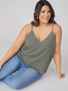 SHEIN BASICS 大尺碼純色細肩帶背心上衣 夏季女款穿搭上衣 - 綠色 - 查看 6