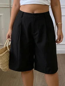 Dazy Plus Celana Pendek Bermuda Wanita Ukuran Besar Warna Polos, Celana Pendek Kasual Elegan untuk Musim Semi, Musim Panas, dan Musim Gugur. - Hitam - View 6