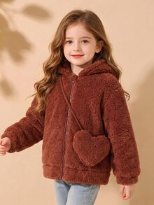 Elladie kids 女童連帽拉鍊泰迪絨夾克附愛心斜背包，長袖羊羔絨上衣，甜美秋冬兒童外套，適合日常戶外穿著 - 卡其色 - 查看 4