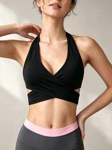 SHEIN 女款拼色休閒日常運動掛脖式內衣 - 黑色 - 查看 4