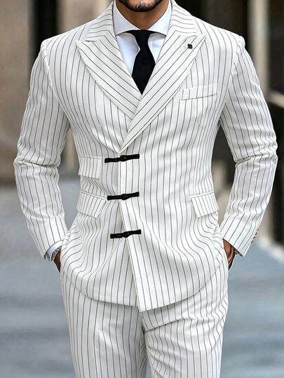 Manfinity Mode Conjunto de traje Bizformal a rayas verticales blancas y negras con botones de rana chinos, conjunto de 2 piezas de lujo para hombre con corte slim fit y solapa de pico, para boda, banquete, casual, uso diario y negocios