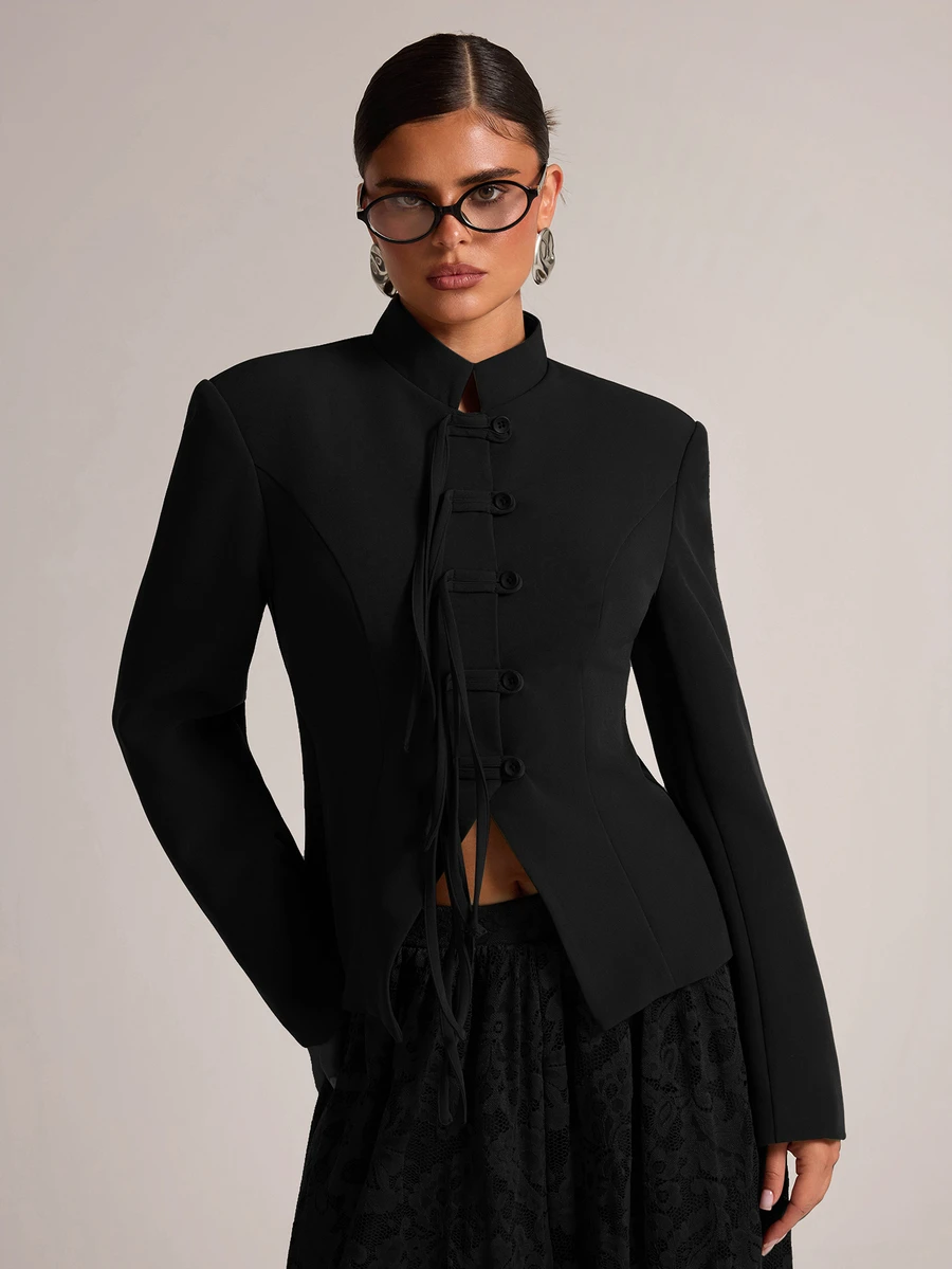 SHEIN BAE Women's Solid Color Stand Collar Long Sleeve Single-Breasted Casual Blazer - Black - View 1