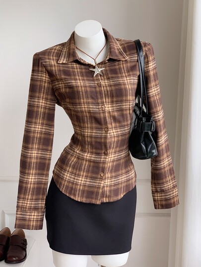 Comfortcana 美式復古亞裔日韓Y2K收腰長袖格紋大學休閒日常返校穿搭灰色調女款長袖襯衫