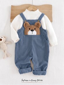 Young Boy Cute Applique Kids Embroidery Pocket Autumn Romper - Blue - View 1
