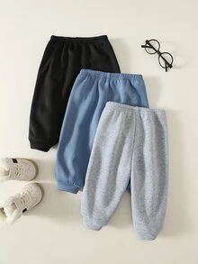 SHEIN 3件組嬰兒男童女童裝飾貼布保暖內裡加厚彈性腰舒適百搭長褲，適合秋冬穿著 - 彩色 - 查看 2