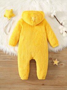 SHEIN 嬰兒男嬰女嬰保暖內裡加厚連帽長袖連身衣，附星星裝飾帽子，秋冬百搭舒適爬行服 - 黃色 - 查看 2