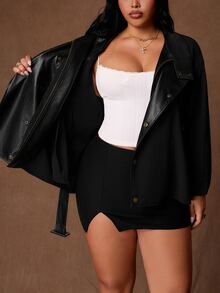 Rustia Plus Size Solid Color Long Sleeve Casual PU Collar Patchwork Woven Cinched Cinched Waist Jacket, Autumn/Winter - Black - View 9