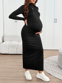 SHEIN Maternity Solid Color High Neck Long Sleeve Side Slit Hem Casual Dress - Apricot - View 4