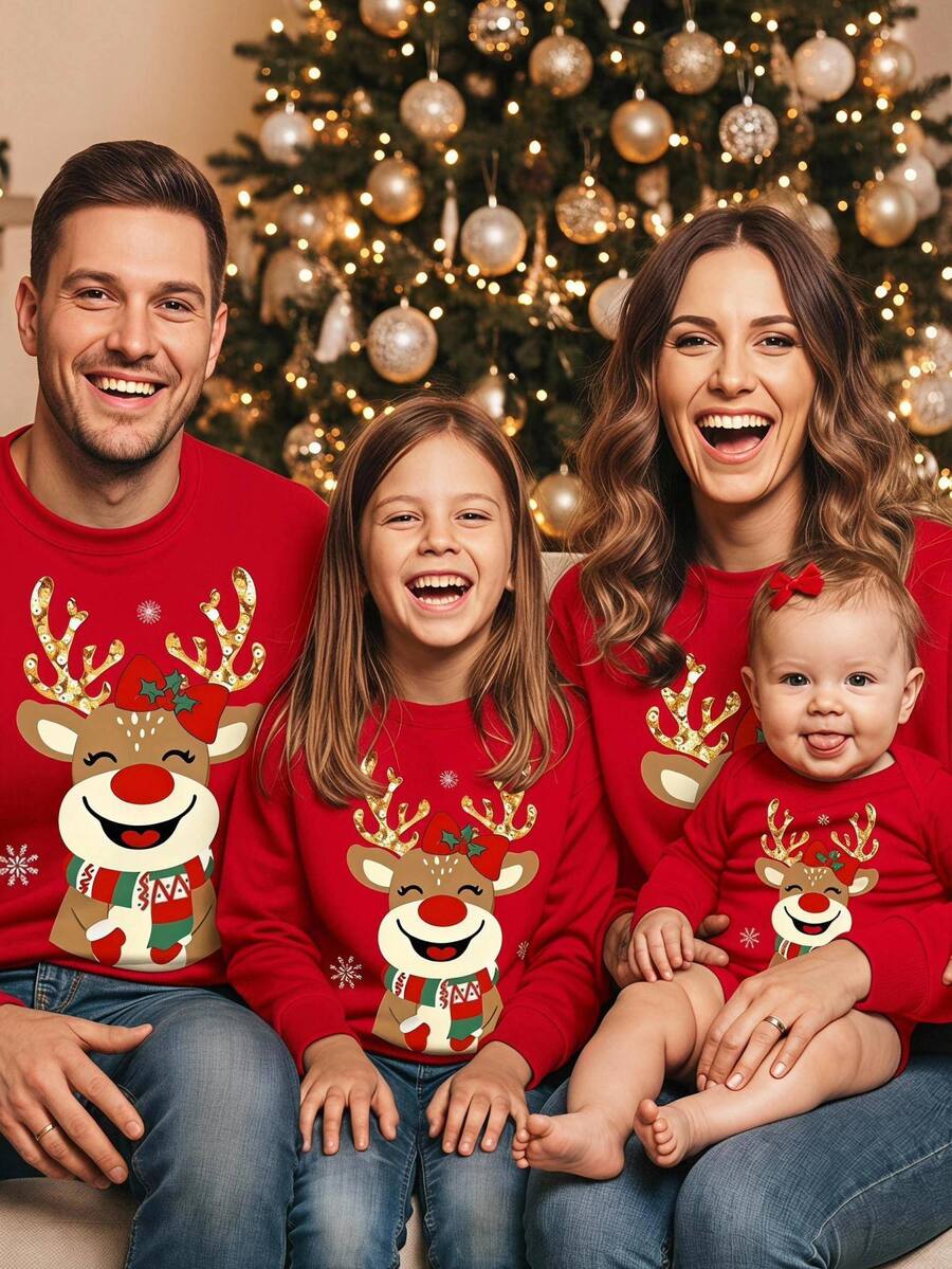 SHEIN Infant Baby Boy Girl Unisex Cute Christmas Pattern Reindeer Design Red Color Romper - Orange - View 1