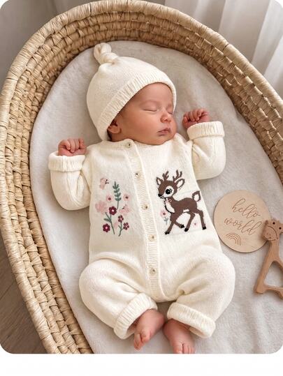 SHEIN Newborn Baby Deer & Floral Pattern Long Sleeve Single-Breasted Knit Romper
