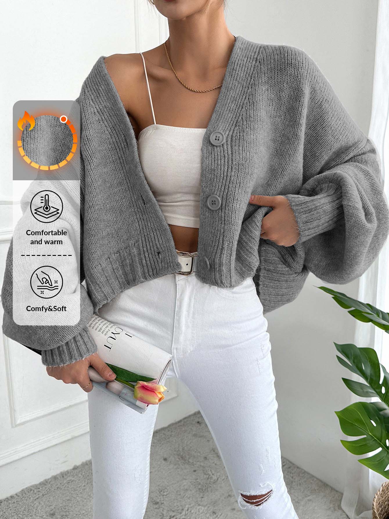 SHEIN كارديجان نسائي مقاس كبير بلون موحد وياقة على شكل حرف V وأزرار أمامية وأكمام طويلة أنيق - رمادي - مشاهدة 1