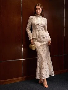 MOTF PREMIUM ELEGANT EXQUISITE LACE FROG BUTTON TOP AND MERMAID HEM SKIRT 2-PIECES SET - White - View 6