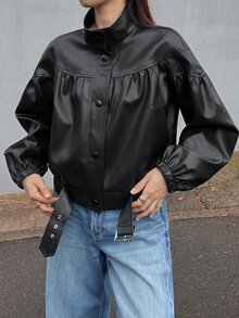 FRIFUL Jaket Kasual Wanita Lengan Panjang Kancing Tunggal Potongan Reguler Bahan Kulit PU Warna Polos untuk Musim Gugur - Hitam - View 1