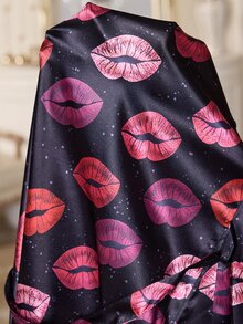 LuxeNights Women's Sexy Red Lip Print Ruffle Trim Faux Silk Robe - Black - View 7