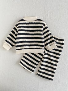 SHEIN Playful Pals 2件組女嬰針織衛衣 單面保暖內裡 半拉鍊上衣 休閒經典百搭 2件套 - 黑與白 - 查看 2