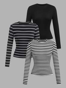 Comfortcana Plus Size Women 3pcs Set Round Neck Striped & Solid Color Casual Fitted Long Sleeve T-Shirt Fall - Multicolor - View 2