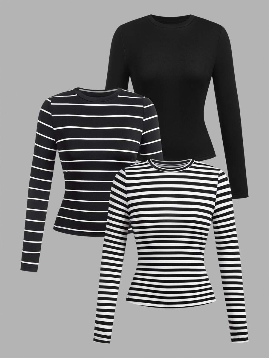 Comfortcana Plus Size Women 3pcs Set Round Neck Striped & Solid Color Casual Fitted Long Sleeve T-Shirt Fall