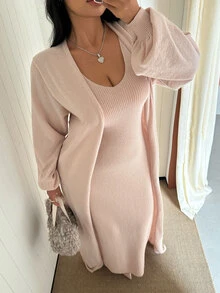 GalTyme Plus Size Casual Solid Color Cardigan Knit Dress, Autumn/Winter - Apricot - View 7