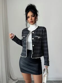 SHEIN Elenzya Women's Classic Black & White Tweed Faux Pearl Button Long Sleeve Commuter Jacket - Black - View 6